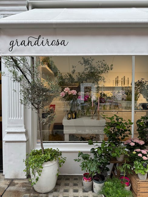 A flower shop window display featuring the sign 'grandirosa' above the large glass pane. Outside, there are potted plants including an olive tree with slender branches and greenish-gray leaves in a ta