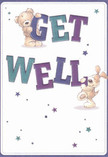 With joyful colour and gentle whimsy, this get well card features two cuddly friends-a soft, round teddy bear perched on the bold 'GET,' and a romping puppy supporting the strong 'WELL'-each rendered in warm, tactile brushstrokes that evoke the friendly spirit of Bishop's Stortford. Indigo and teal letters leap from the creamy background, much like the vibrant blooms seen at the Corn Exchange market. Floating stars in shades of blue and purple bring an extra sparkle of hope, recalling the magical feeling of evenings by the River Stort. Both characters radiate comfort: the bear's plush fur and the puppy's velvety ears seem designed for reassurance, making this card a heartfelt visual embrace. As a local florist, I'm reminded of pairing such a thoughtful card with a fragrant bouquet-every detail working together to bring warmth and optimism to someone on the mend in Bishop's Stortford.